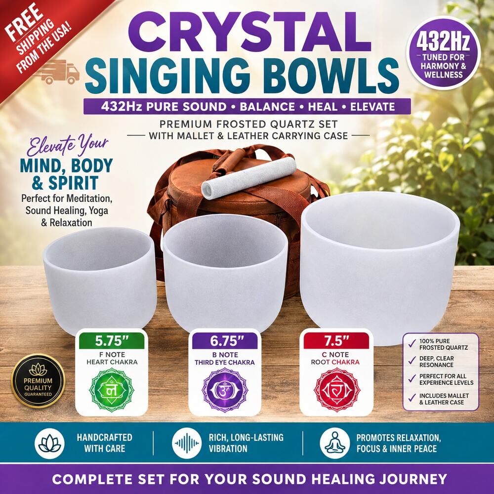 Crystal Singing Bowls 432Hz 5.75"F, 6.75"B, 7.5"C Chakra Frosted Quartz Mallet